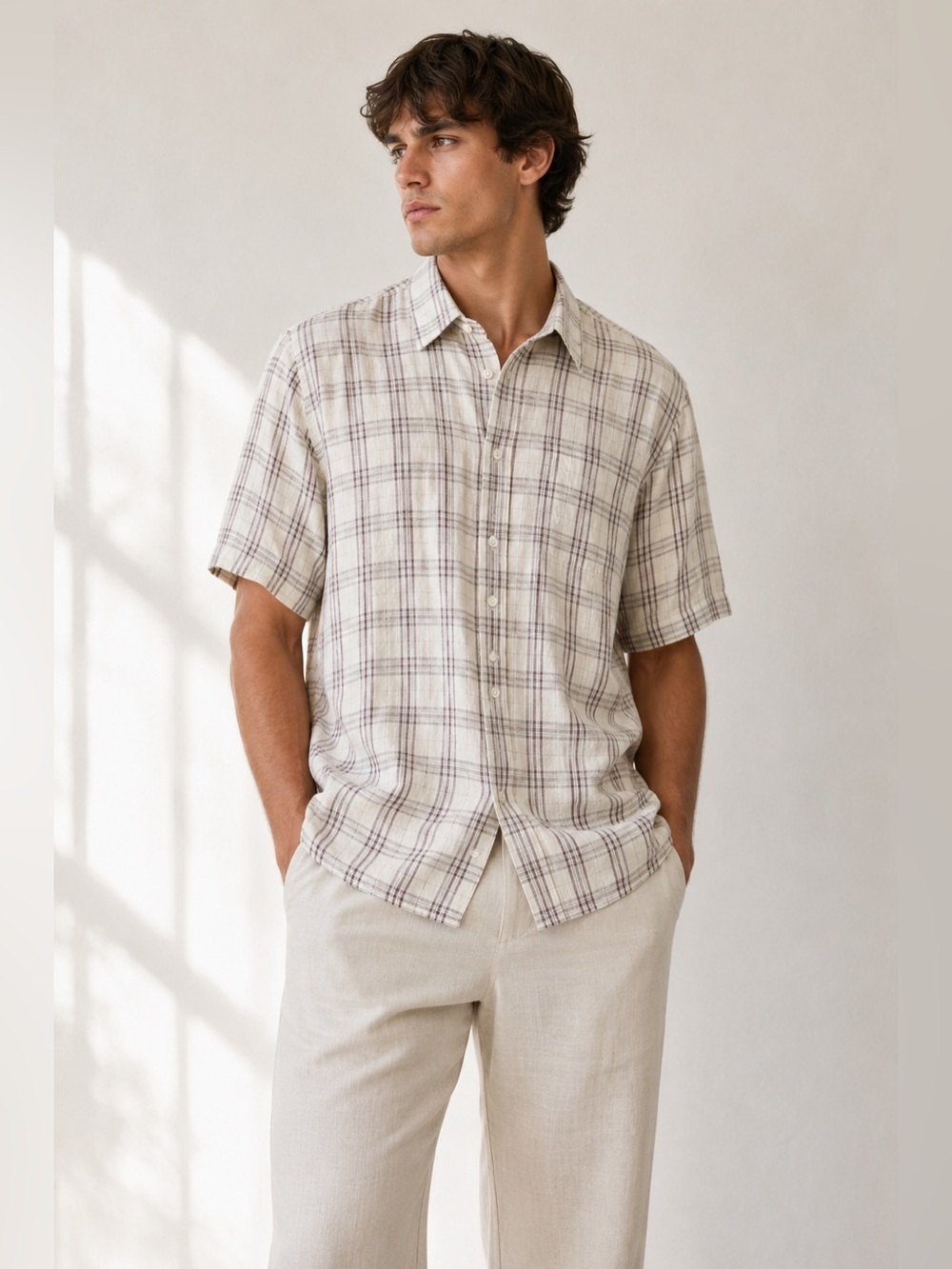 Harry Rosen Men Button Down Shirt Linen Plaid Size M